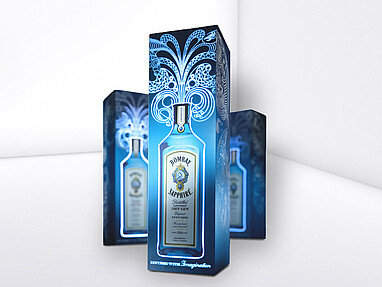 Blaue leuchtende Faltschachtel für Ginflasche