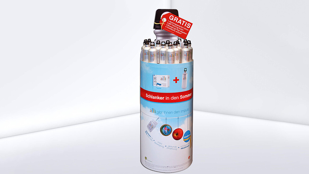 Rundes Display in der Form einer Edelstahltrinkflasche