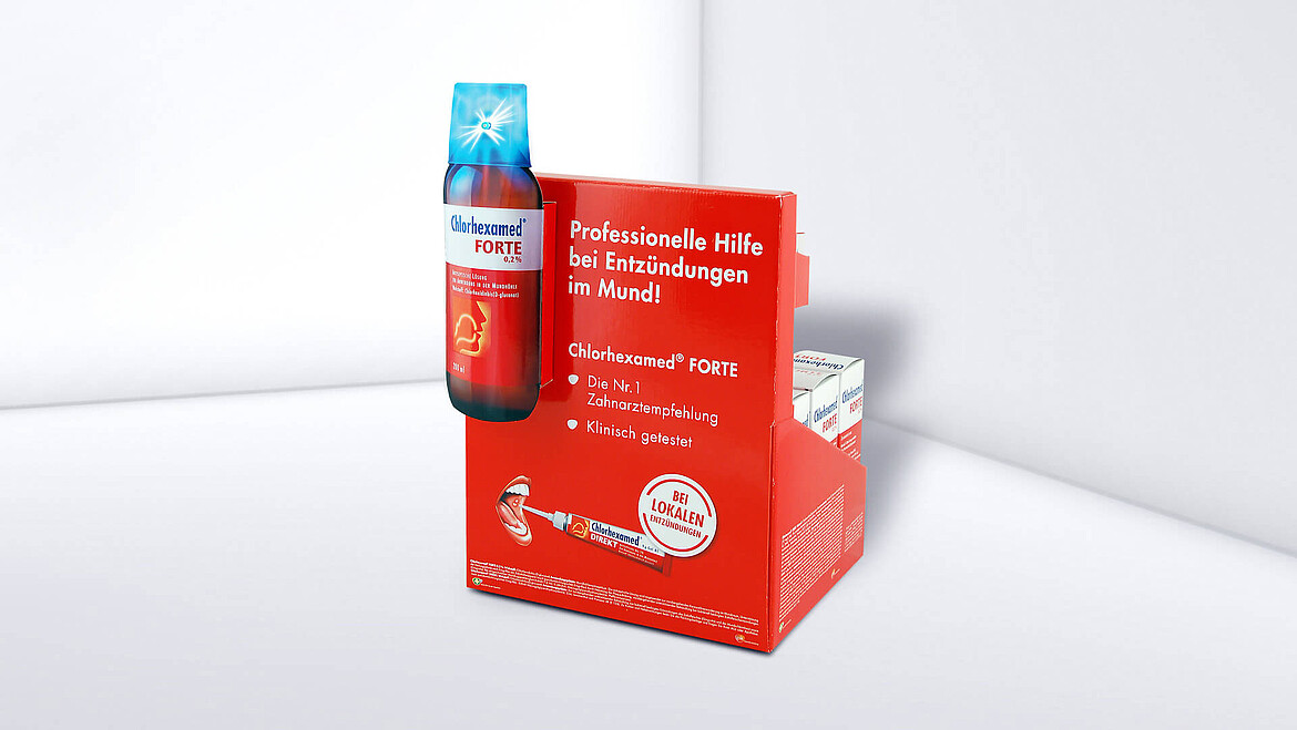 Bedruckter Aufsteller mit Stellfläche für Produkte in Faltschachteln