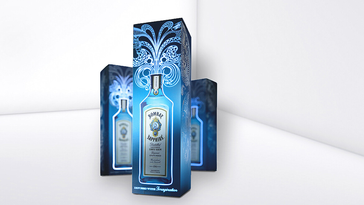 Blau Leuchtende Gin Verpackung