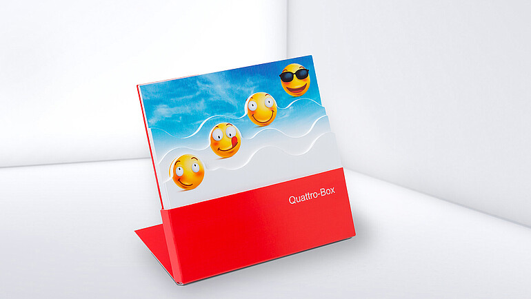 Kartonbox zum Aufstellen mit vier verschiedenen Papier-Motiven